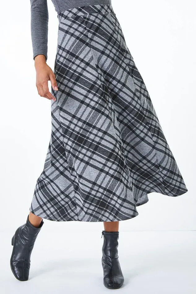 Women Grey Elastic Waist Check Print Stretch Skirt Roman Skirts