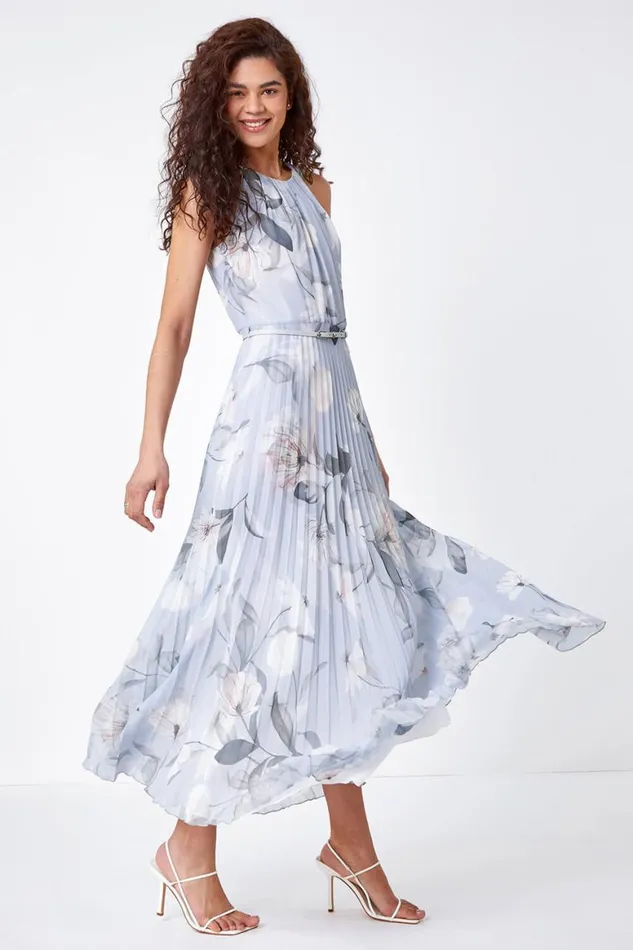 Women Grey Floral Pleated Chiffon Maxi Dress Roman Dresses