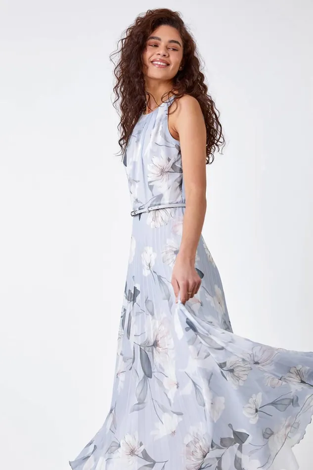 Women Grey Floral Pleated Chiffon Maxi Dress Roman Dresses