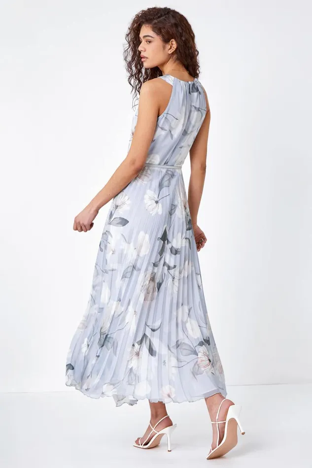 Women Grey Floral Pleated Chiffon Maxi Dress Roman Dresses