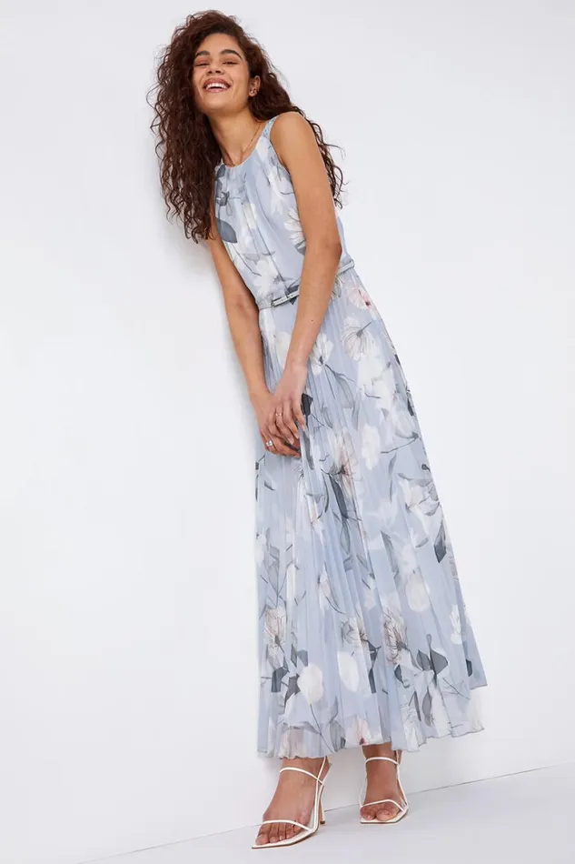 Women Grey Floral Pleated Chiffon Maxi Dress Roman Dresses