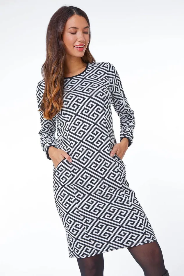 Women Grey Geometric Print Zip Pocket Dress Roman Dresses