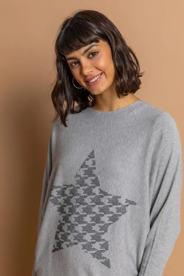 Women Grey Houndstooth Check Star Jumper Roman Tops