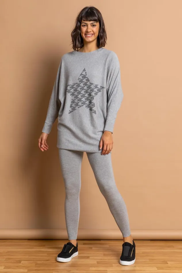 Women Grey Houndstooth Check Star Jumper Roman Tops