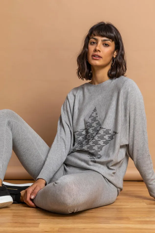 Women Grey Houndstooth Check Star Jumper Roman Tops