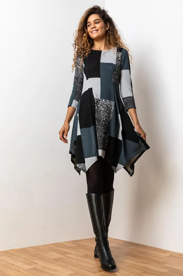 Women Grey Patchwork Print Hanky Hem Dress Roman Dresses