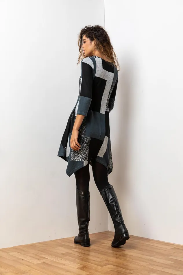 Women Grey Patchwork Print Hanky Hem Dress Roman Dresses