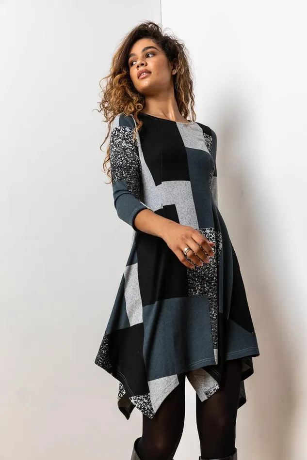 Women Grey Patchwork Print Hanky Hem Dress Roman Dresses