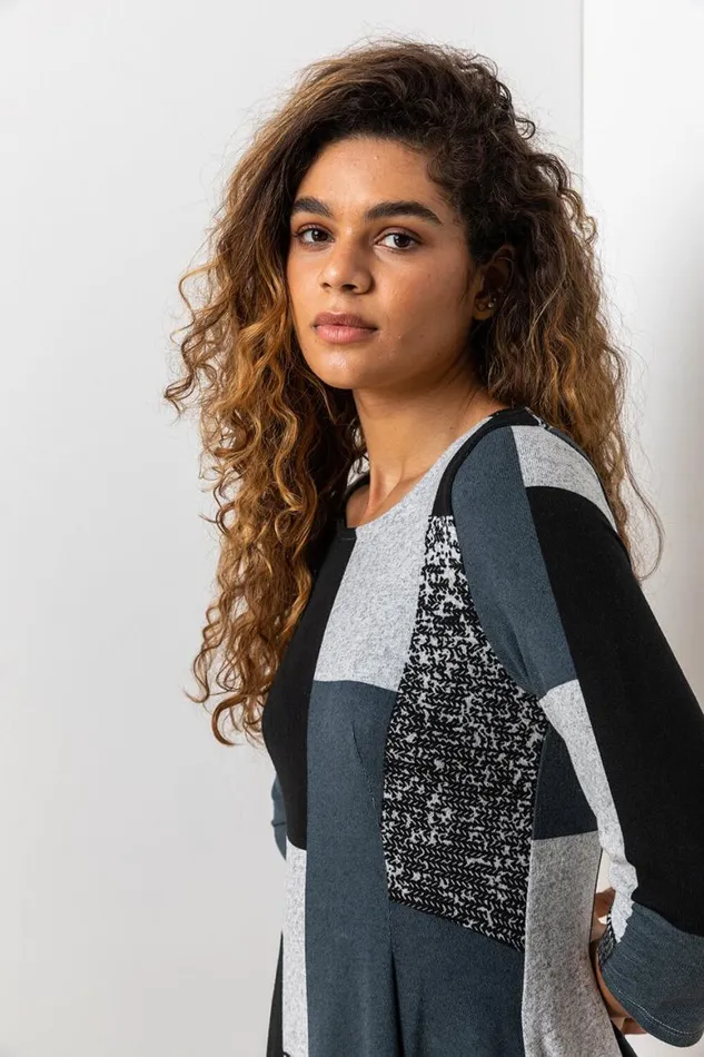 Women Grey Patchwork Print Hanky Hem Dress Roman Dresses