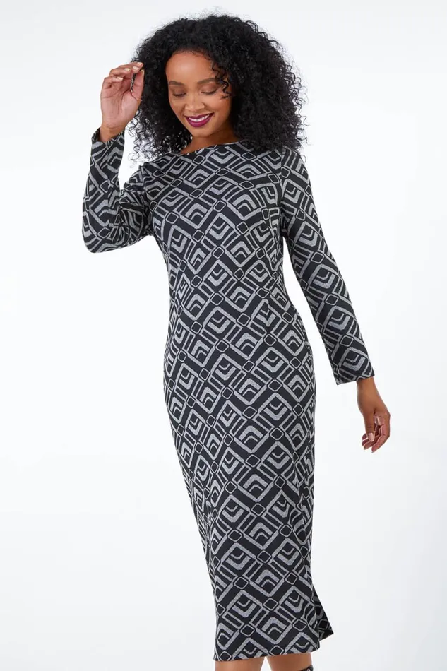 Women Grey Petite Geometric Midi Dress Roman Dresses