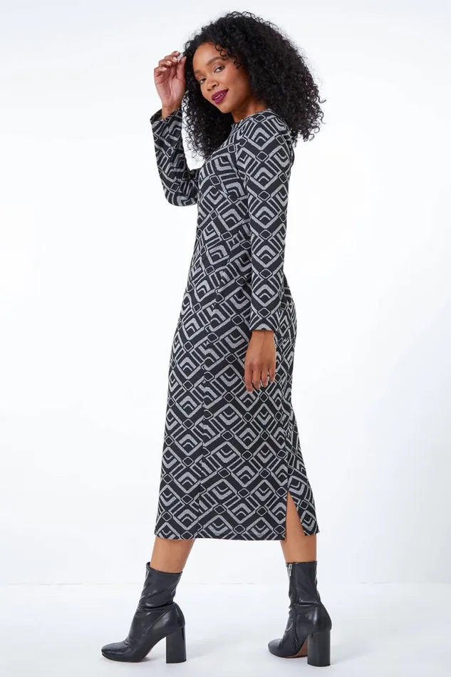 Women Grey Petite Geometric Midi Dress Roman Dresses