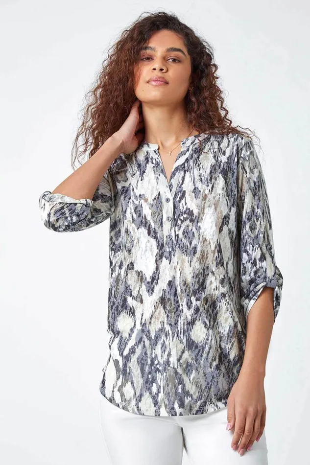 Women Grey Textured Animal Print VNeck Stretch Shirt Roman Tops