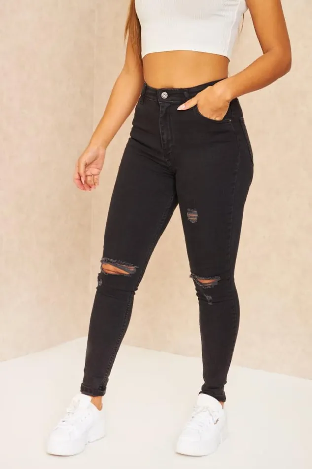 Women High Waist Skinny Jean In Washed Black With Rips Black Brentiny Paris Jeans