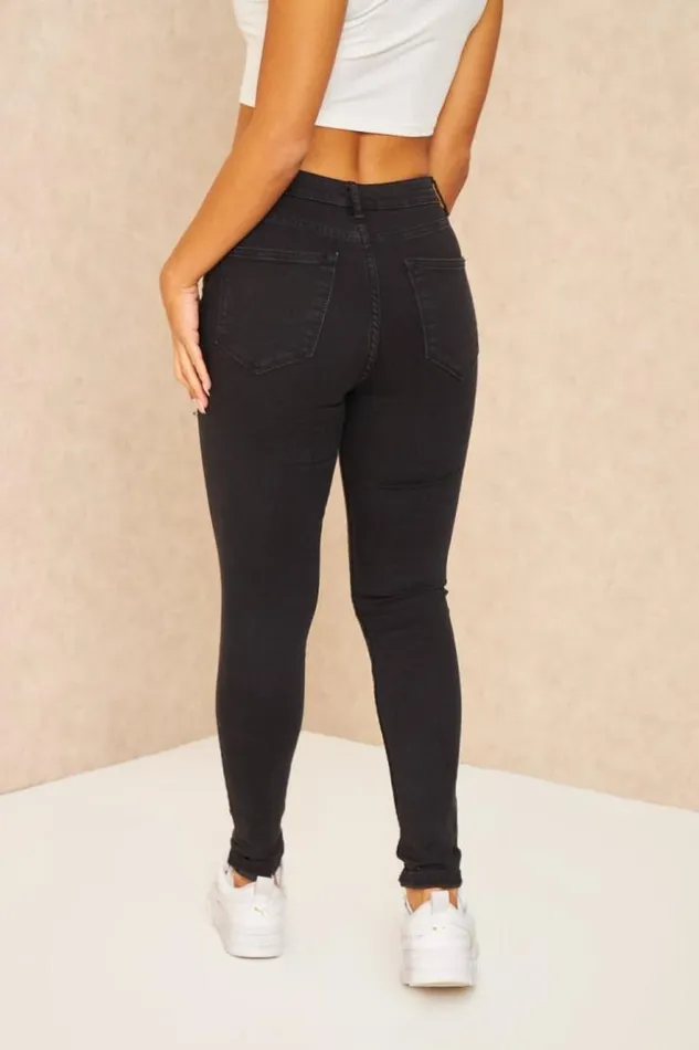 Women High Waist Skinny Jean In Washed Black With Rips Black Brentiny Paris Jeans