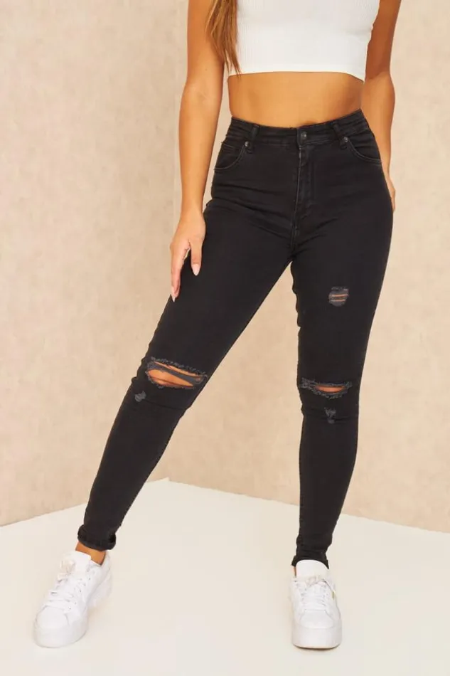 Women High Waist Skinny Jean In Washed Black With Rips Black Brentiny Paris Jeans