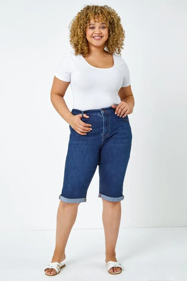 Women Indigo Curve Stretch Knee Length Denim Shorts Roman Trousers