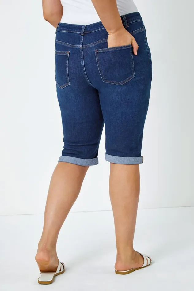 Women Indigo Curve Stretch Knee Length Denim Shorts Roman Trousers