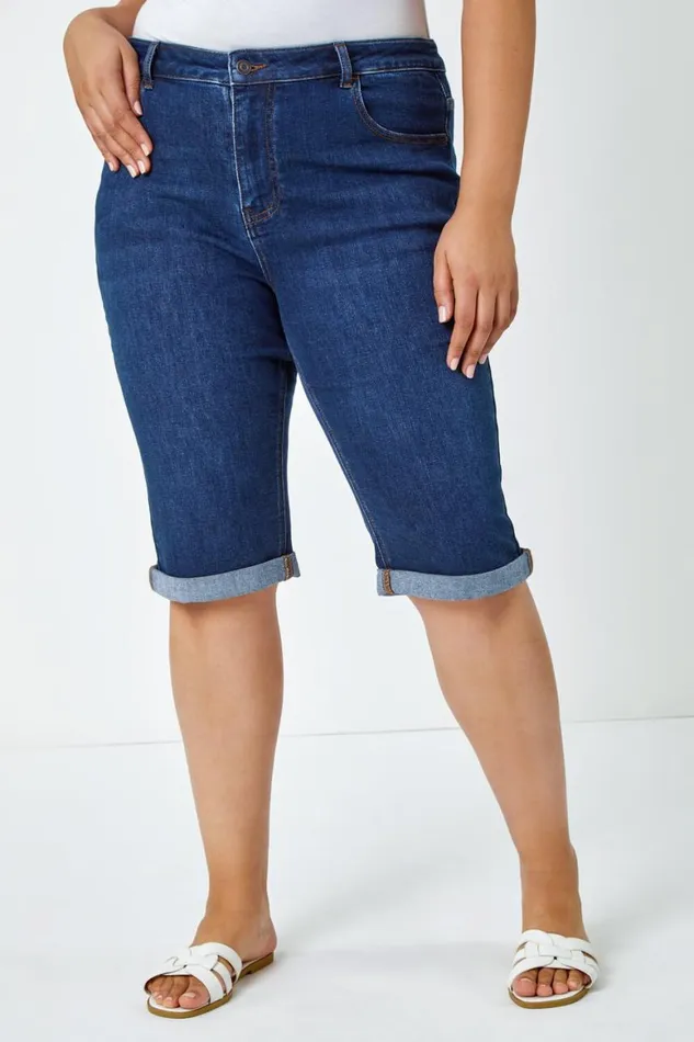 Women Indigo Curve Stretch Knee Length Denim Shorts Roman Trousers