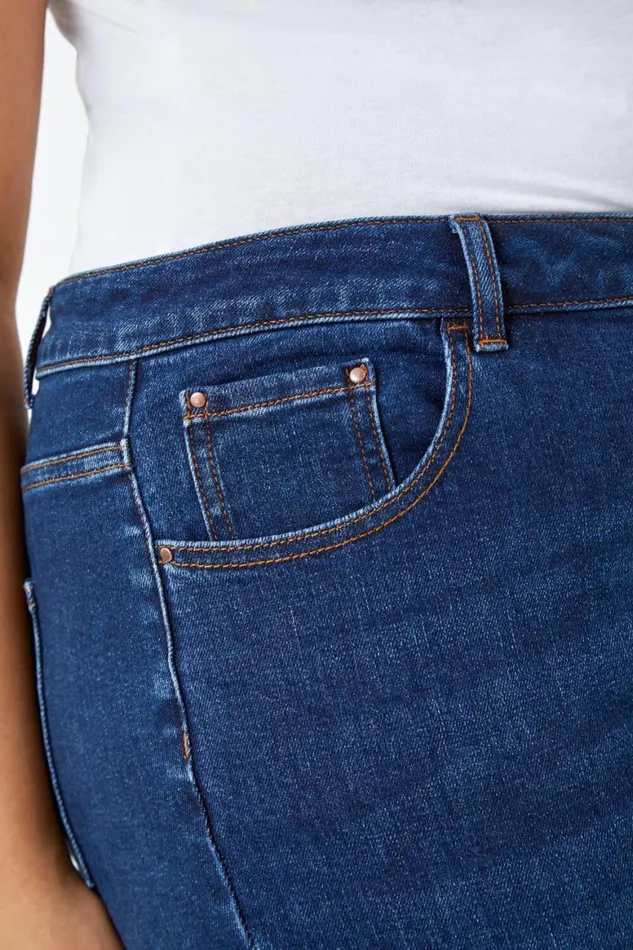 Women Indigo Curve Stretch Knee Length Denim Shorts Roman Trousers