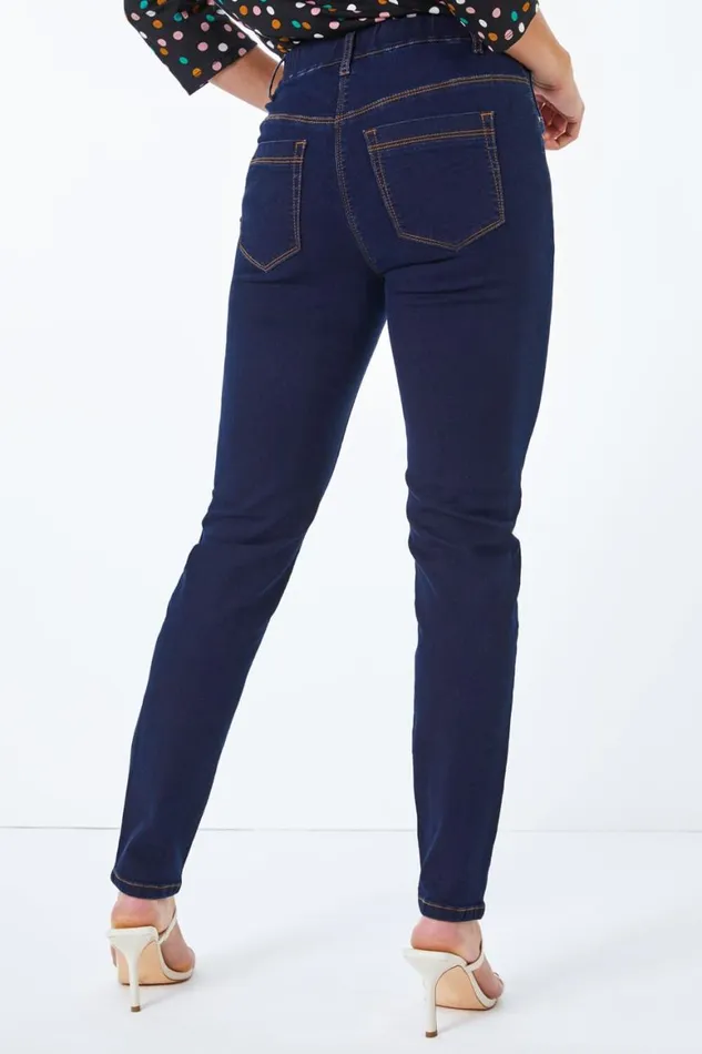 Women Indigo Petite Stretch Denim Elastic Waist Jegging Roman Trousers