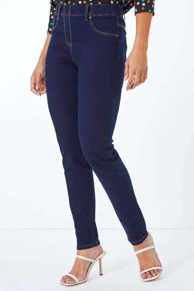 Women Indigo Petite Stretch Denim Elastic Waist Jegging Roman Trousers