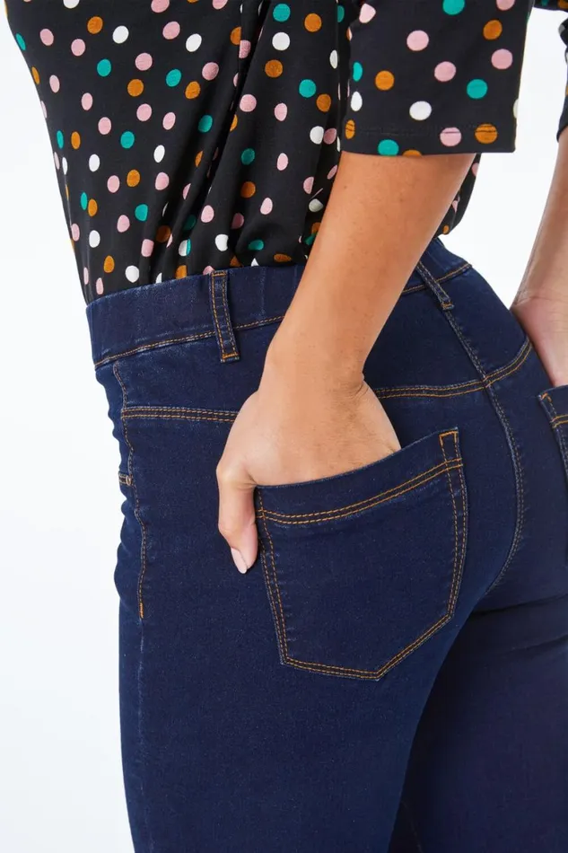 Women Indigo Petite Stretch Denim Elastic Waist Jegging Roman Trousers
