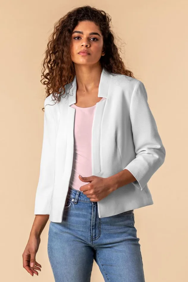 Women Ivory 34 Sleeve Textured Notch Neck Jacket Roman Jackets