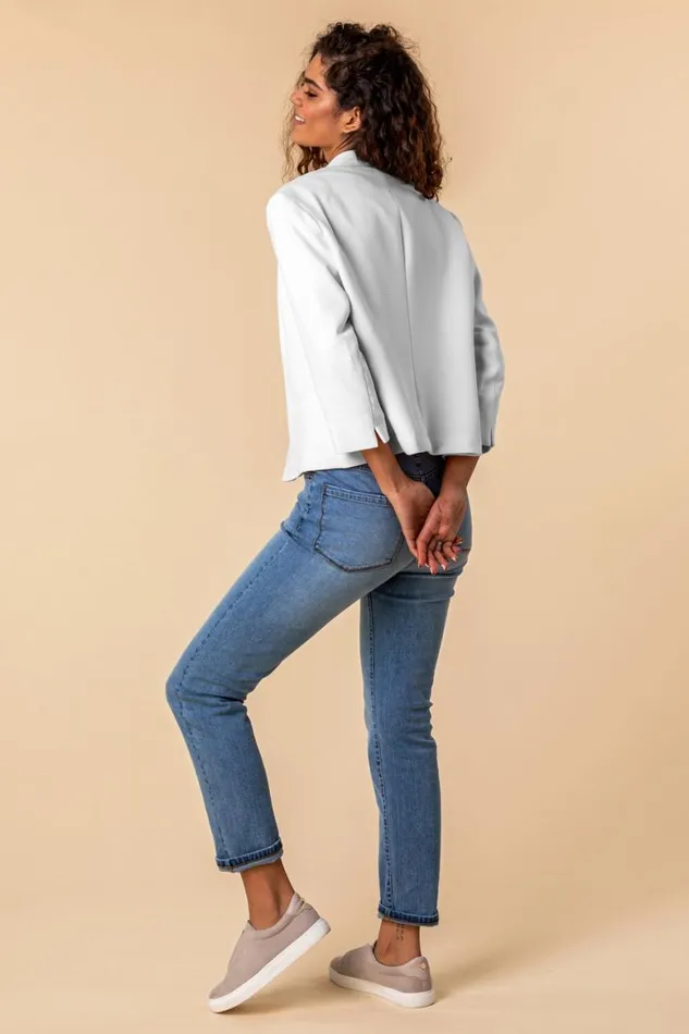 Women Ivory 34 Sleeve Textured Notch Neck Jacket Roman Jackets