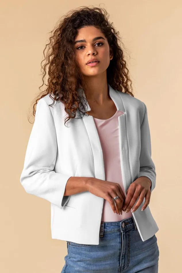 Women Ivory 34 Sleeve Textured Notch Neck Jacket Roman Jackets