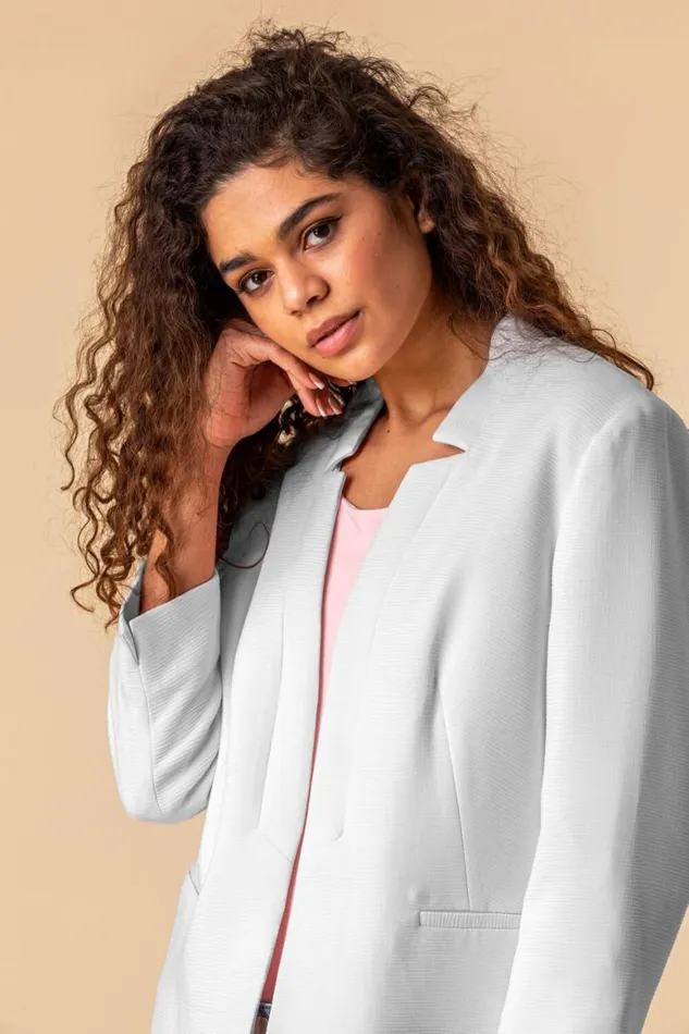 Women Ivory 34 Sleeve Textured Notch Neck Jacket Roman Jackets