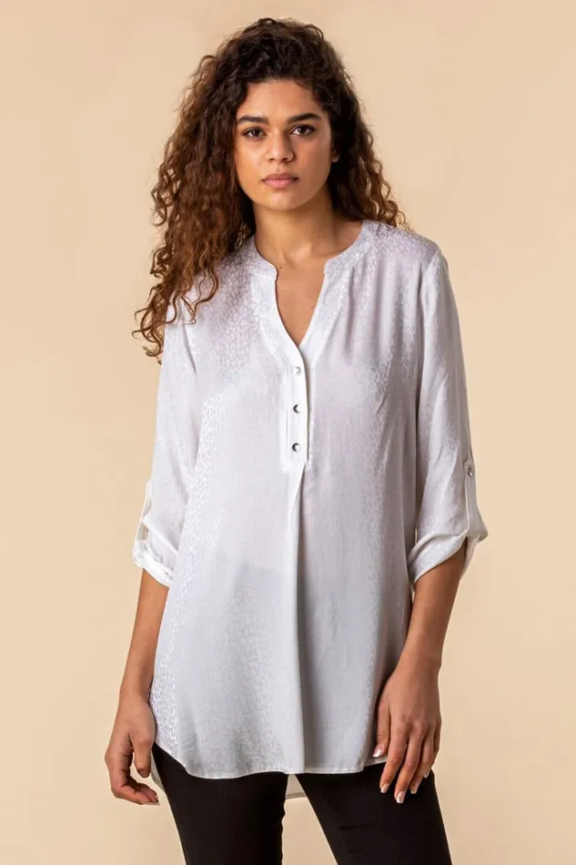 Women Ivory Animal Jacquard Print Button Top Roman Tops