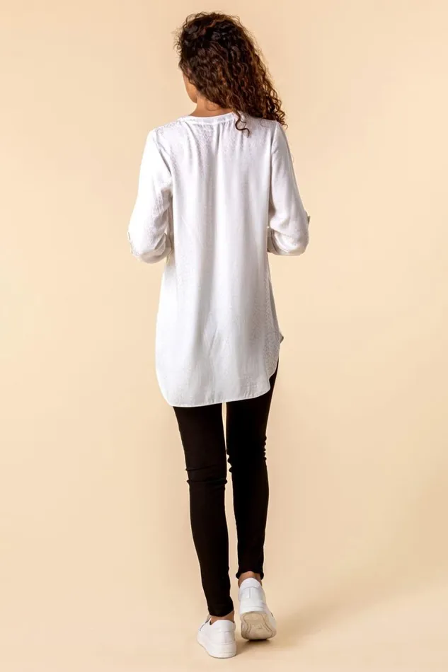 Women Ivory Animal Jacquard Print Button Top Roman Tops
