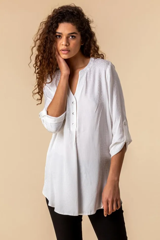 Women Ivory Animal Jacquard Print Button Top Roman Tops