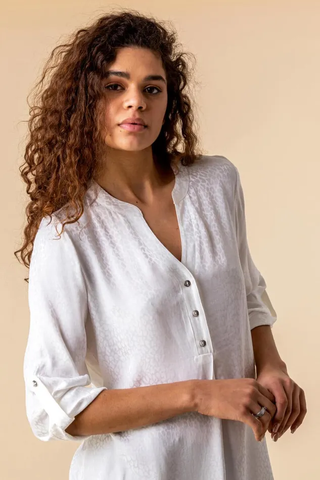 Women Ivory Animal Jacquard Print Button Top Roman Tops