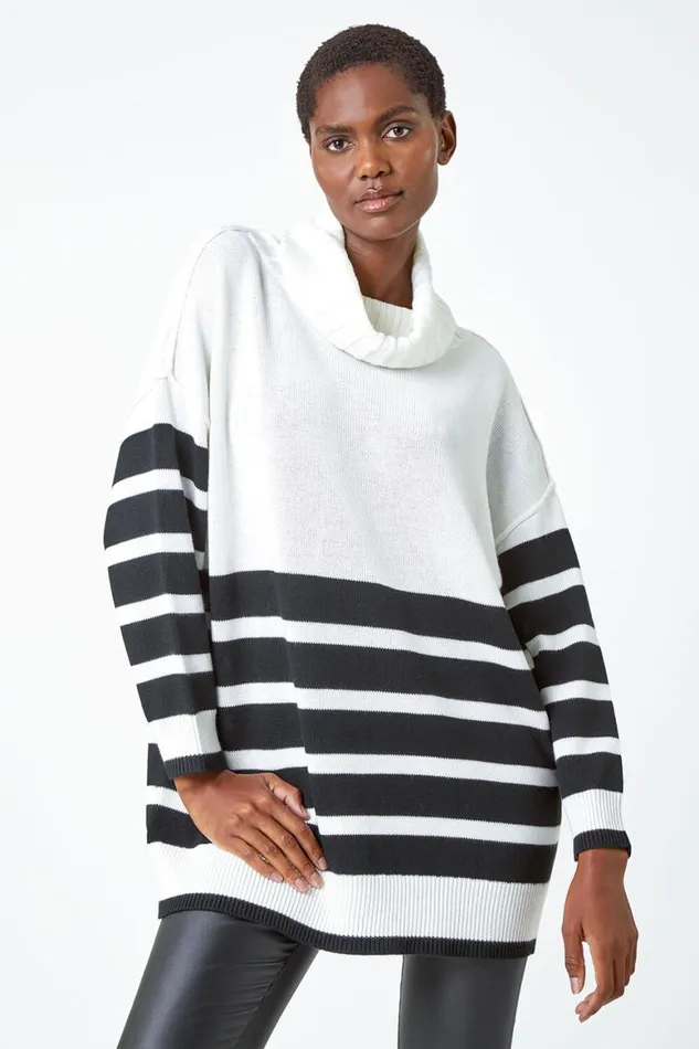 Women Ivory Contrast Stripe Cowl Neck Longline Jumper Roman Knitwear