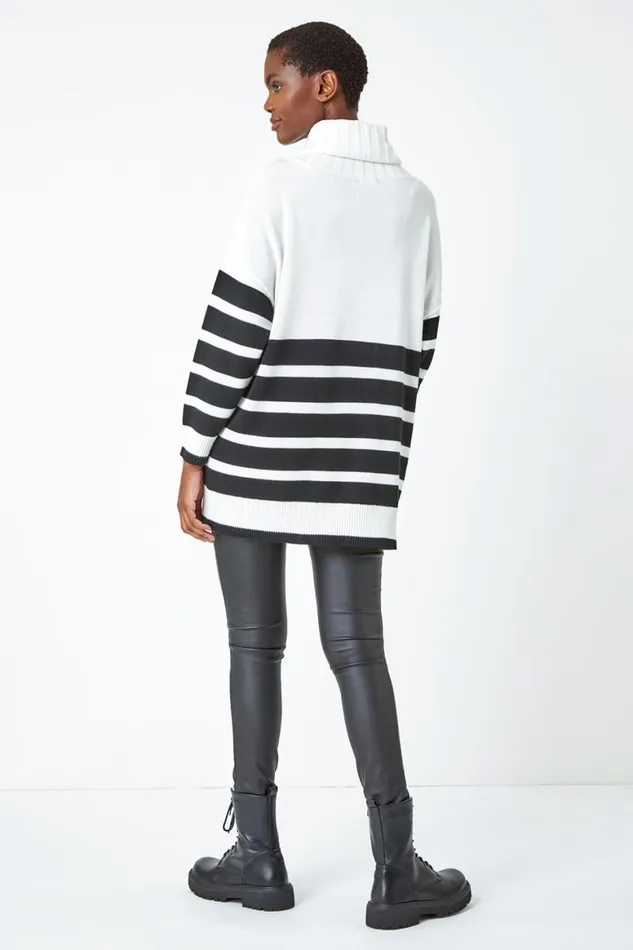 Women Ivory Contrast Stripe Cowl Neck Longline Jumper Roman Knitwear