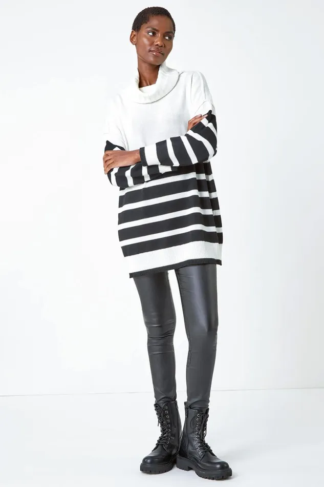 Women Ivory Contrast Stripe Cowl Neck Longline Jumper Roman Knitwear