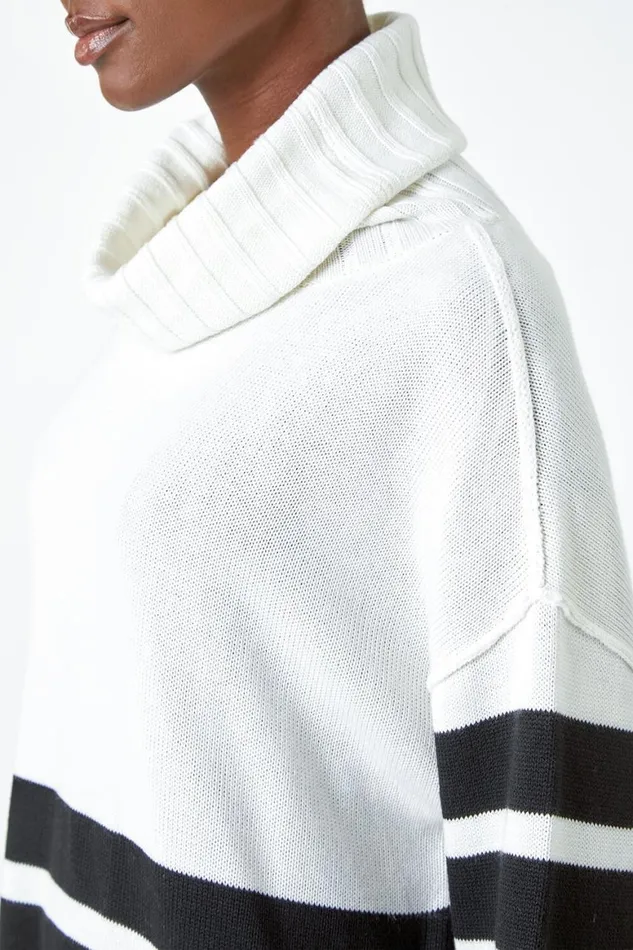 Women Ivory Contrast Stripe Cowl Neck Longline Jumper Roman Knitwear