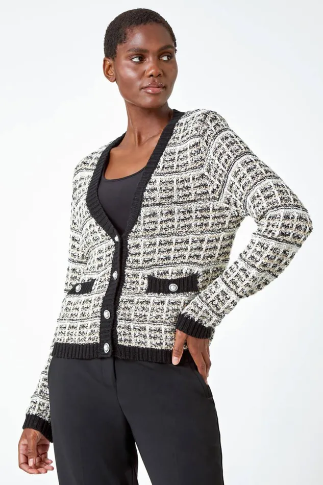 Women Ivory Cotton Blend Boucle Button Cardigan Roman Knitwear