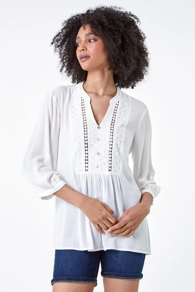 Women Ivory Cotton Blend Broderie Textured Top Roman Tops