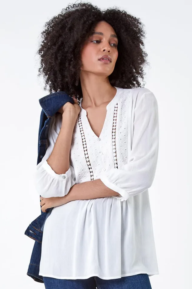 Women Ivory Cotton Blend Broderie Textured Top Roman Tops