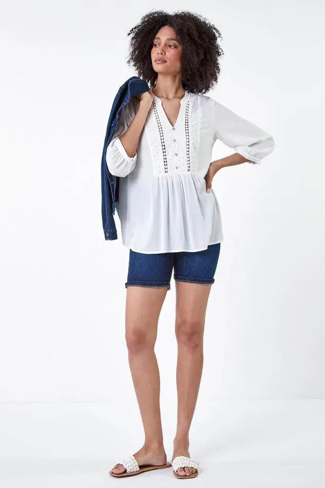 Women Ivory Cotton Blend Broderie Textured Top Roman Tops