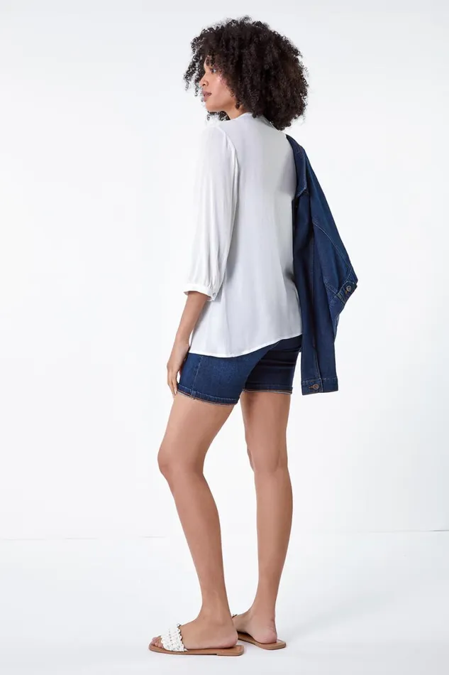 Women Ivory Cotton Blend Broderie Textured Top Roman Tops