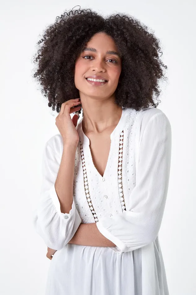 Women Ivory Cotton Blend Broderie Textured Top Roman Tops