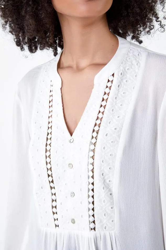 Women Ivory Cotton Blend Broderie Textured Top Roman Tops