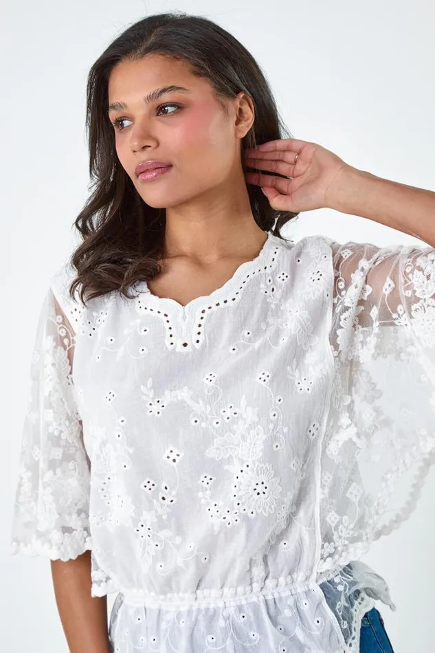 Women Ivory Cotton Broderie Frill VNeck Top Roman Tops