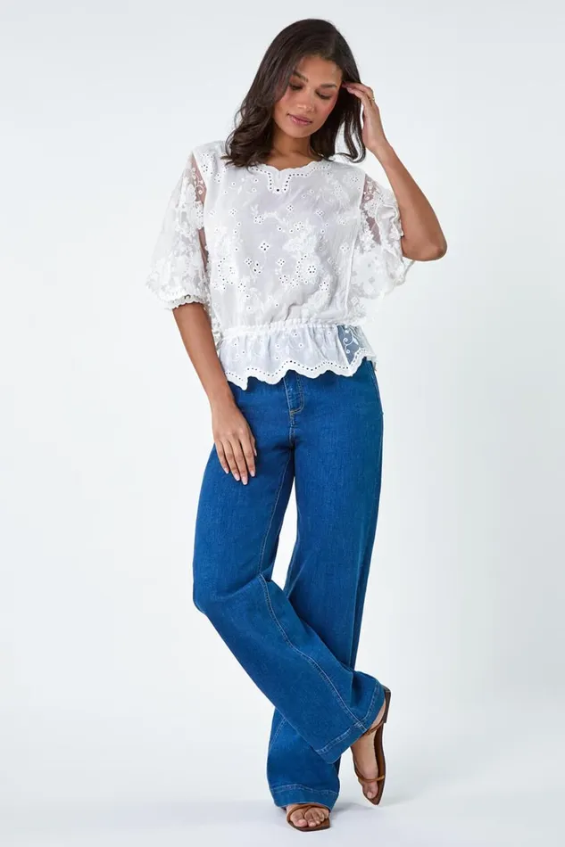 Women Ivory Cotton Broderie Frill VNeck Top Roman Tops