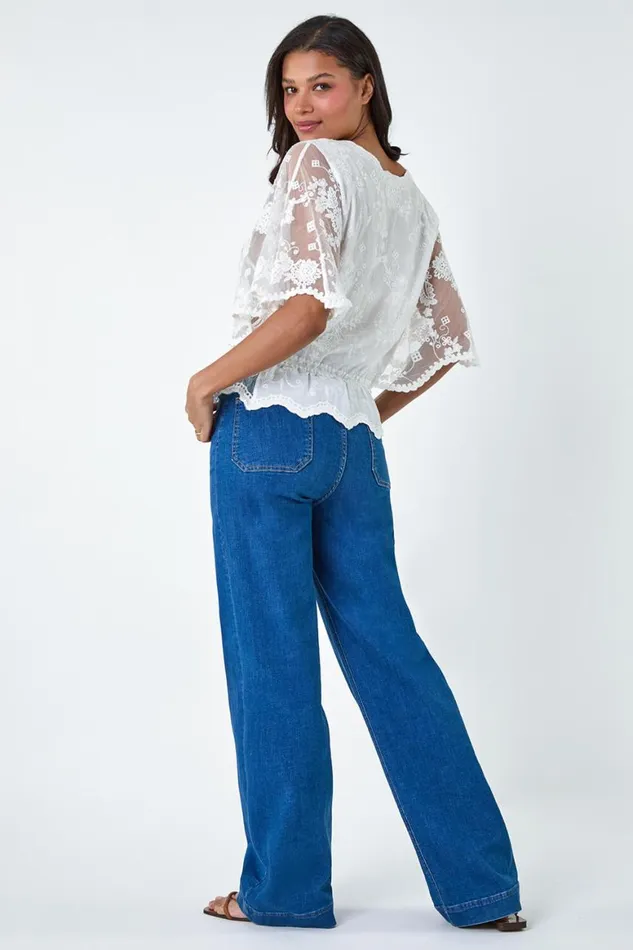 Women Ivory Cotton Broderie Frill VNeck Top Roman Tops