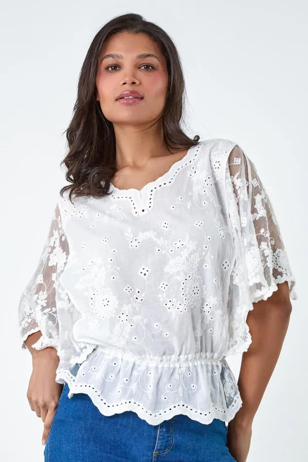 Women Ivory Cotton Broderie Frill VNeck Top Roman Tops