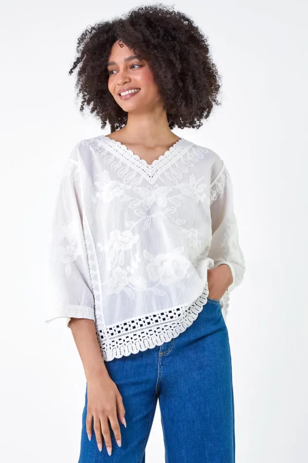 Women Ivory Cotton Floral Embroidered VNeck Top Roman Tops